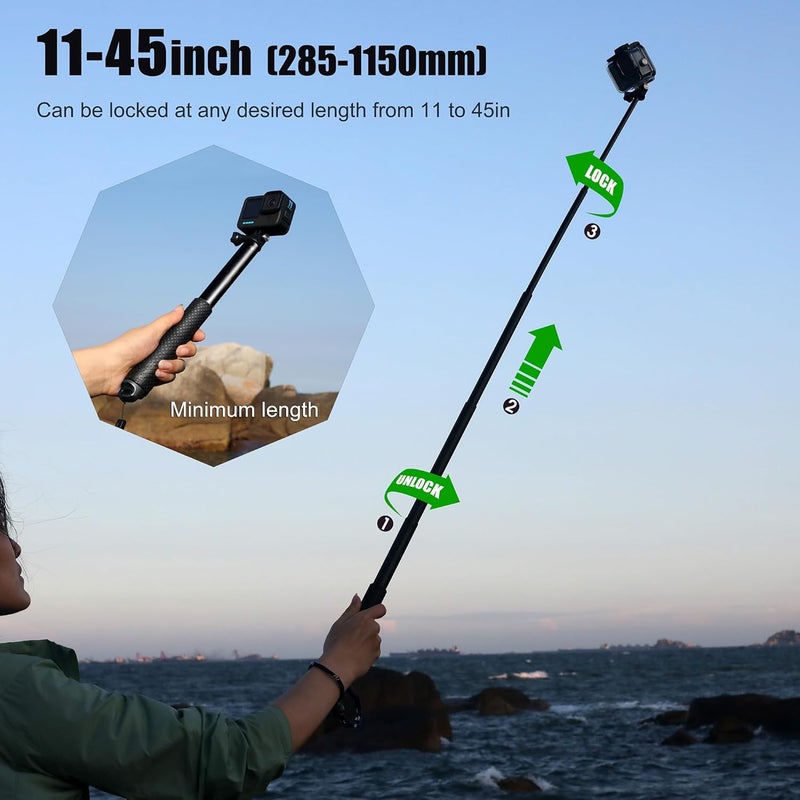 SOONSUN 45'' Waterproof Selfie Stick Extendable Monopod Hand Grip Aluminum Telescopic Pole Compatible with GoPro Hero 13 12 11 10 9 8 7 6 5 4 Session, Insta360, Osmo Action 2, 3, 4, 5, and Cell Phone - Image 3